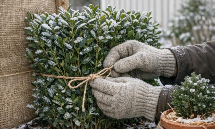 Beskytte vintergrønn hekk mot snø og frost